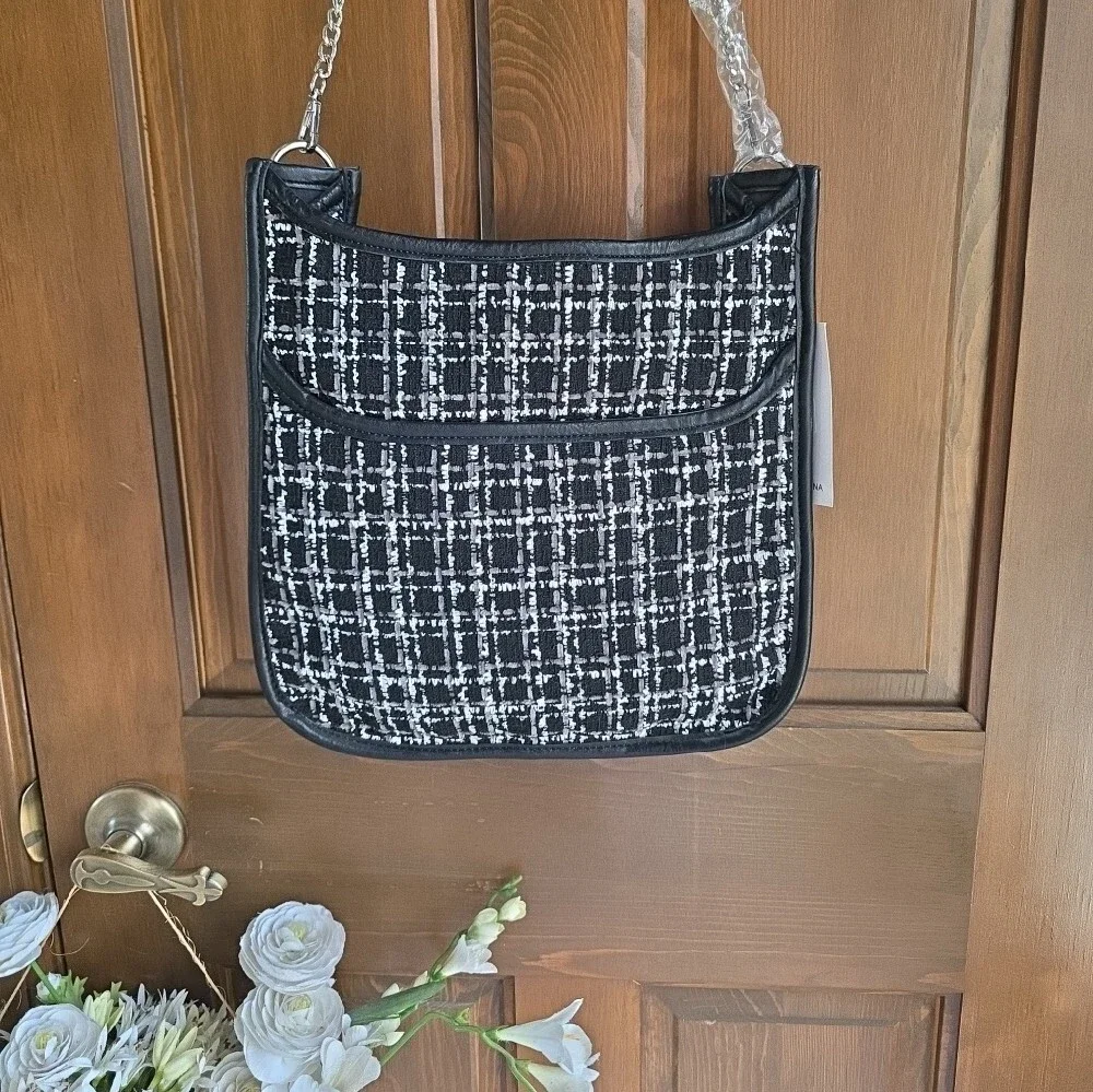 NEW Ah•dorned Black & White Tweed Crossbody with Removable Silver Chain Strap